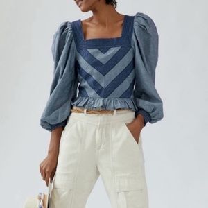 Anthropologie Love the Label Denim Smocked Peplum long sleeve top